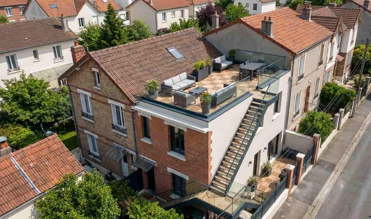 Transformation d’une toiture en pente en toiture terrasse accessible avec garde-corps, exemple de travaux nécessitant une autorisation d’urbanisme