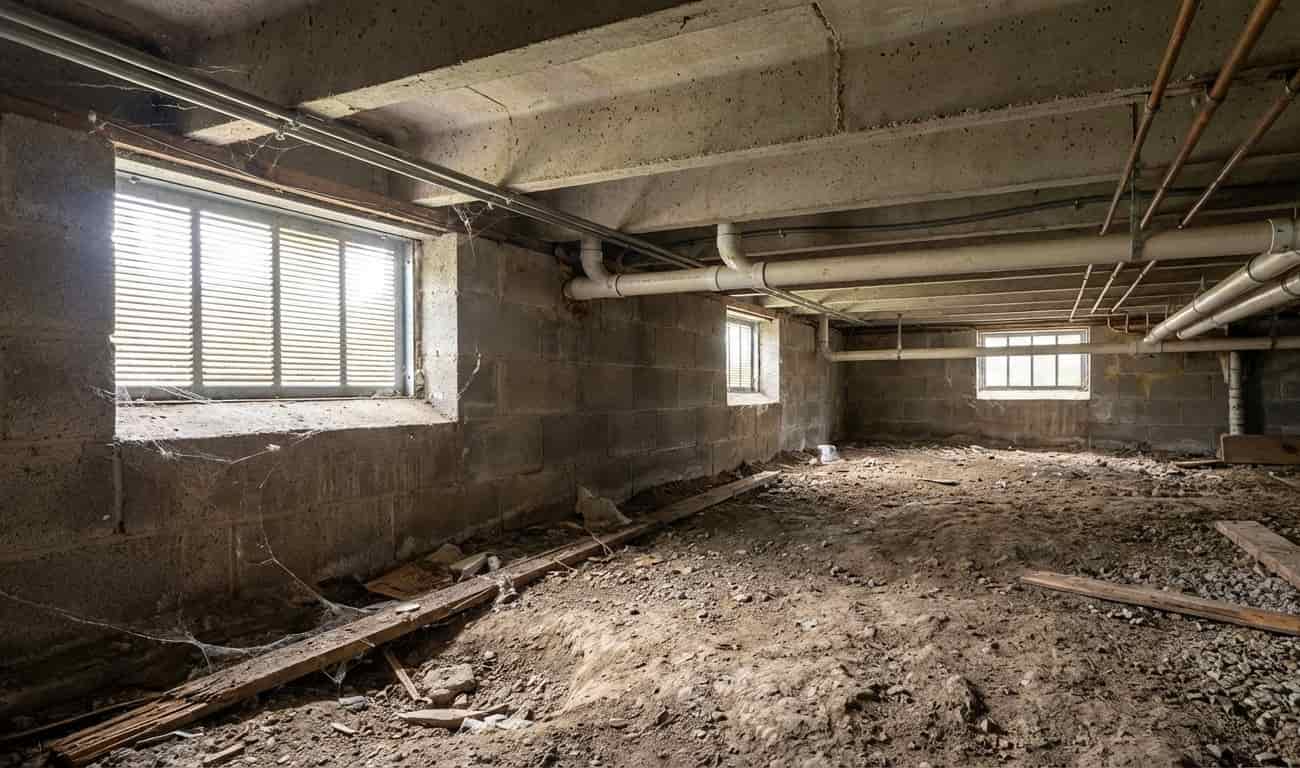 Vide sanitaire ventilé sous plancher avec réseaux et murs de soubassement